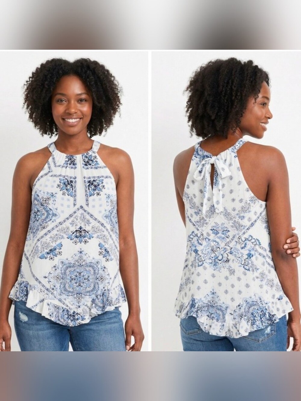 Maurices Halter Paisley Medallion Tank Top Blue Boho Ruffle Hem Size 1X